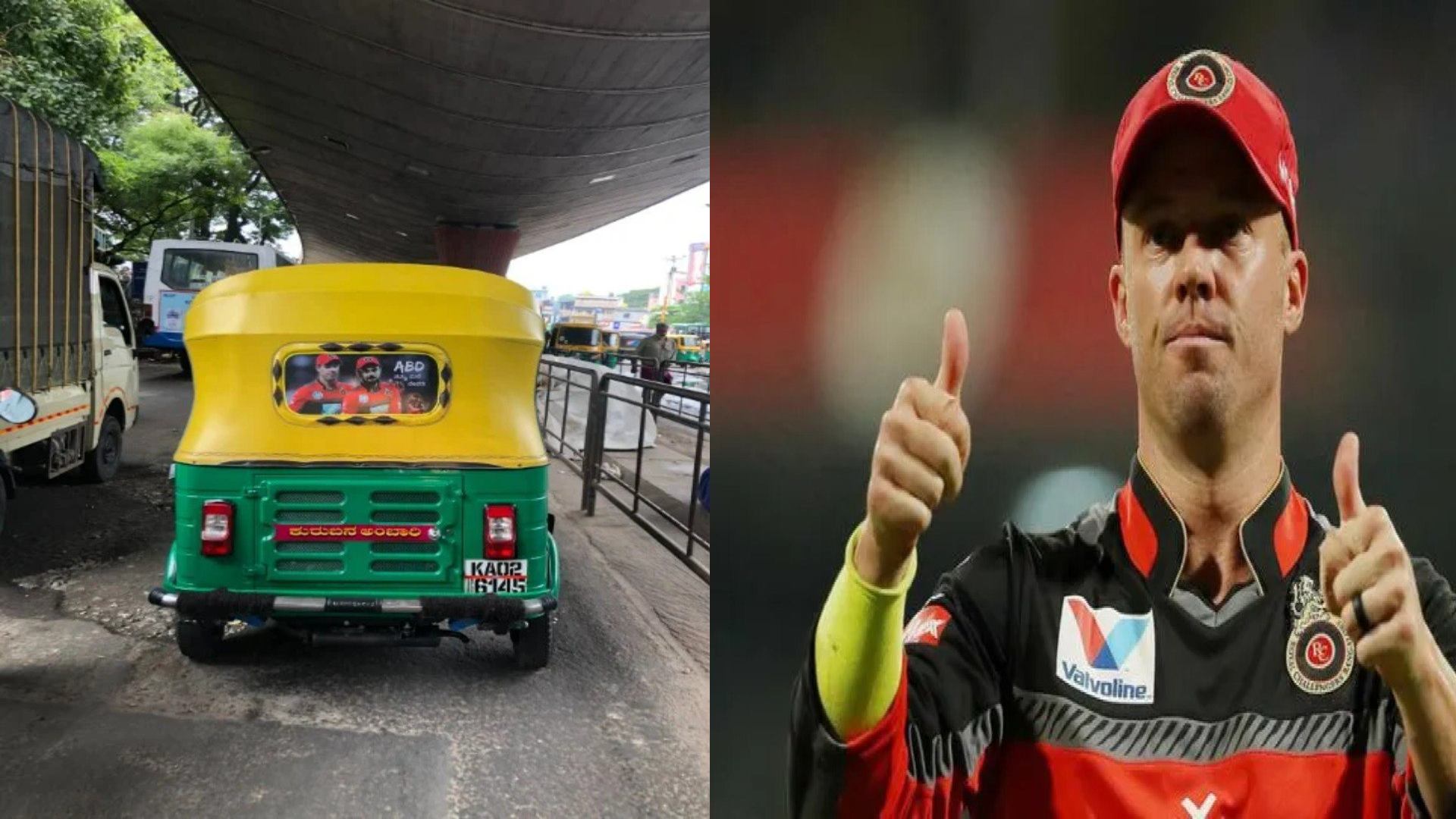 AB de villiers and virat kohli photo on back view of an auto rickshaw in bengaluru