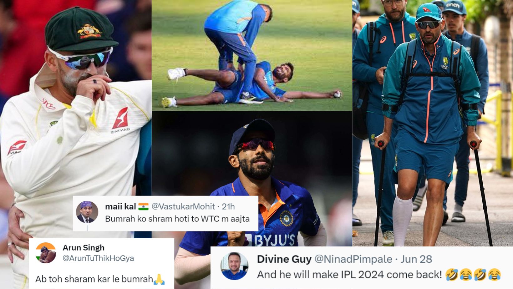 jasprit bumrah trolled after nathan lyon seeing walking with crutches during ashes 2023