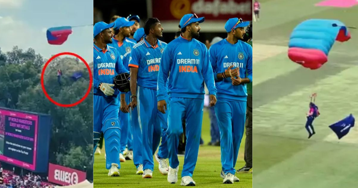 Man landed in live cricket sa vs in 2nd odi match with parachute people were stunned video viral