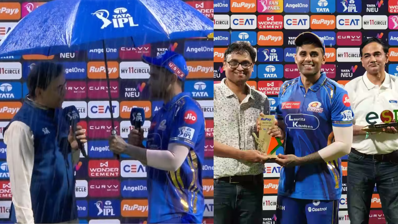 Suryakumar Yadav Holds Umbrella For Harsha Bhogle While Receiving Player Of The Match After MI Vs DC IPL 2025 Clash
