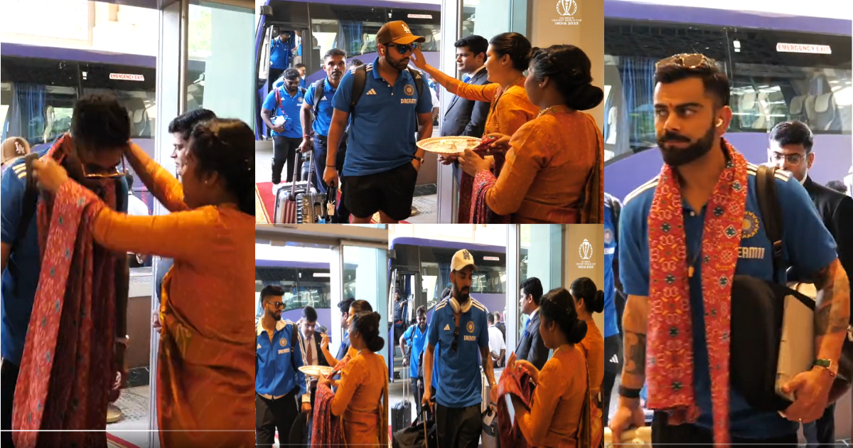 VIDEO: पाकिस्तान से भिड़ने अहमदाबाद पहुंची Team India का हुआ स्वागत, लेकिन इन 2 खिलाड़ियों ने माथे पर...
