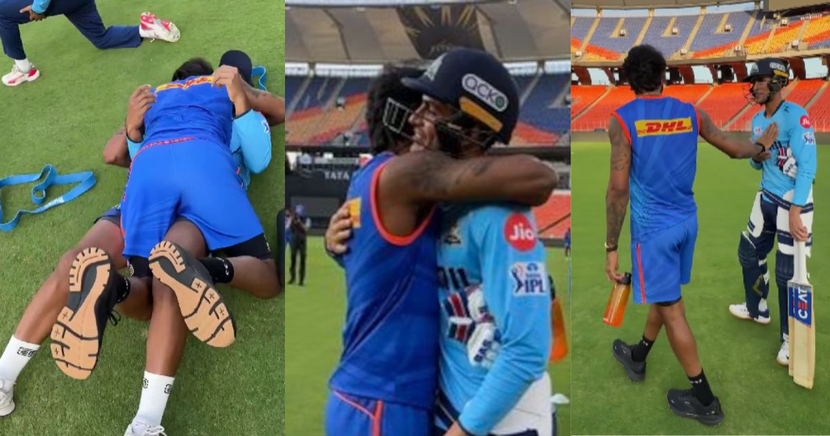 hardik pandya hugged shubman gill and jayant yadav during practice session ahead gt vs mi 5th ipl 20...