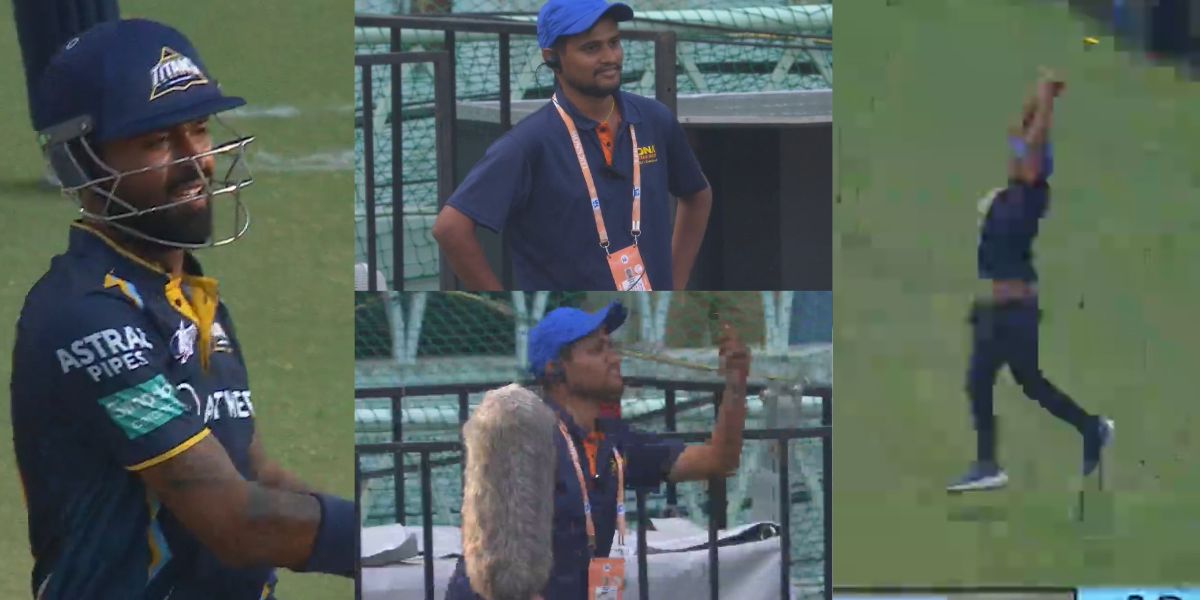 Hardik pandya के सिक्स पर ग्राउन्ड स्टाफ ने हवा में उछलकर लपका कैच, वायरल हुआ VIDEO