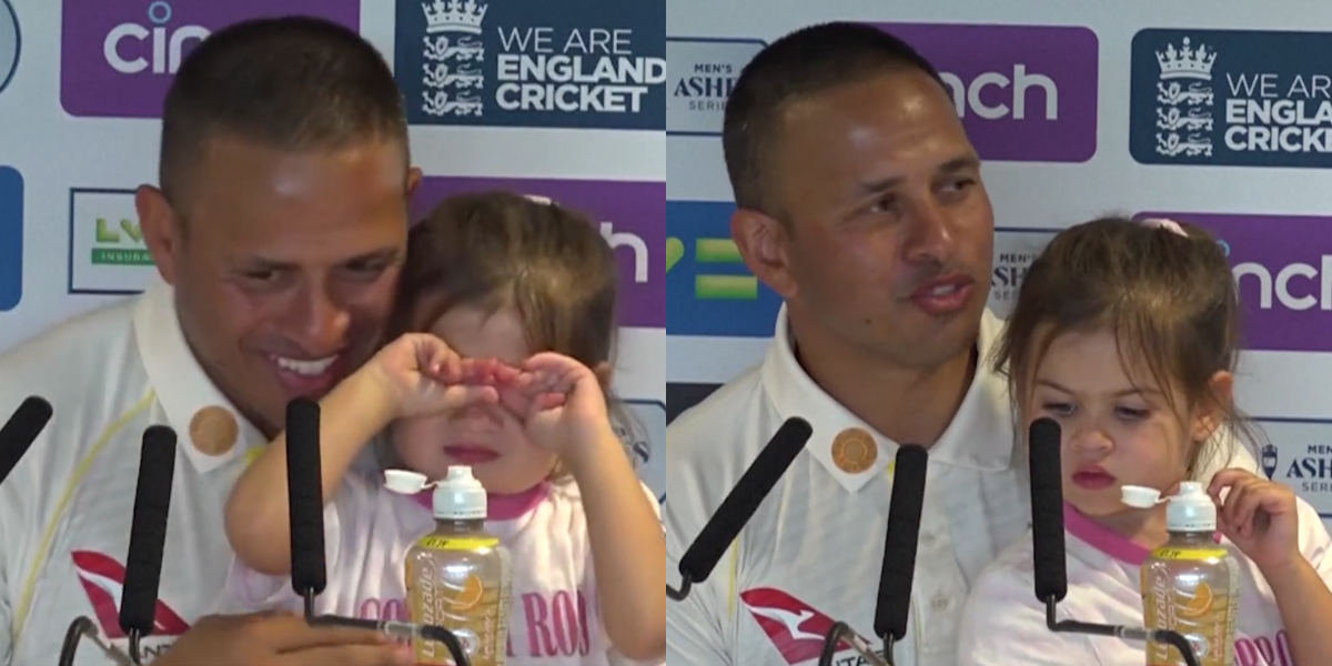 Video After hit century, usman khawaja came to talk with his daughter in a press conference