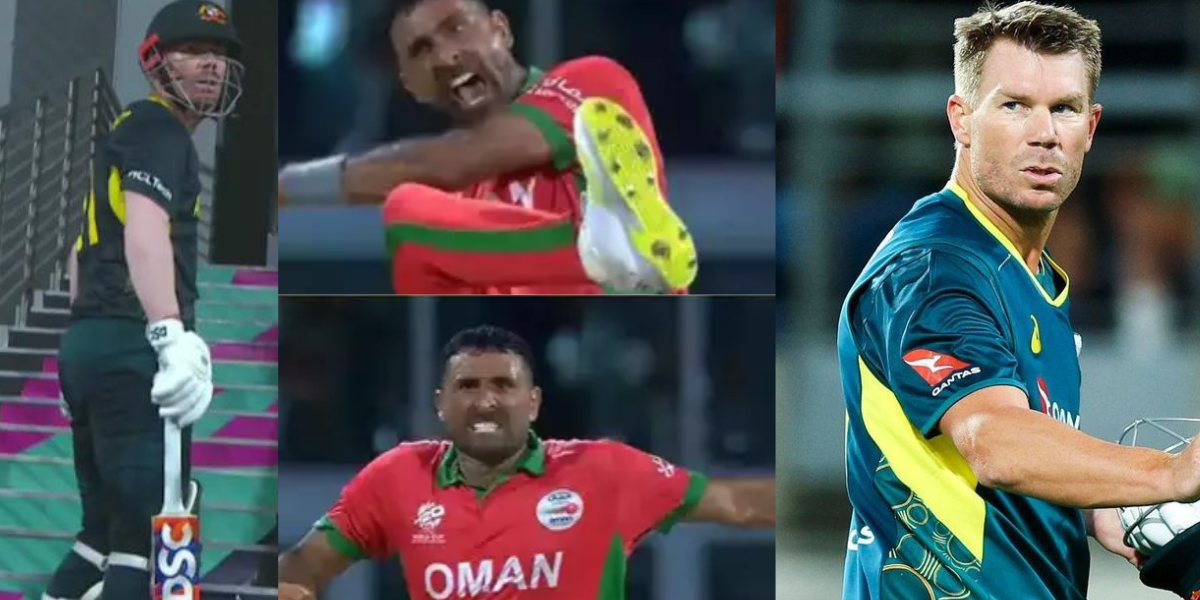 video kaleemullah had a bad celebration-after took david warner wicket in aus vs omn match 10 in t20...