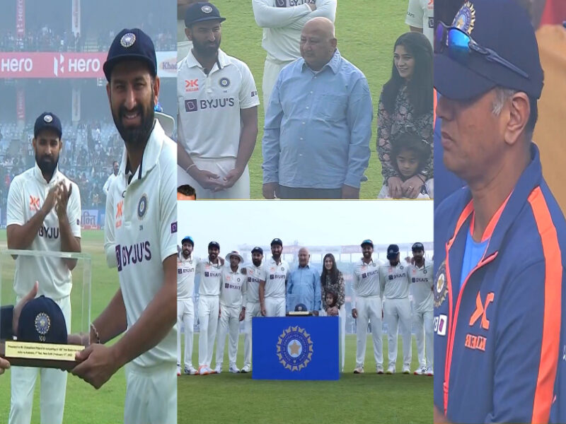 VIDEO: पुजारा के 100वें टेस्ट पर गावस्कर ने थमाई कैप, तो शमी-द्रविड़ समेत पूरी टीम ने दी बधाई, पत्नी और पिता भी खास मौके पर रहे मौजूद