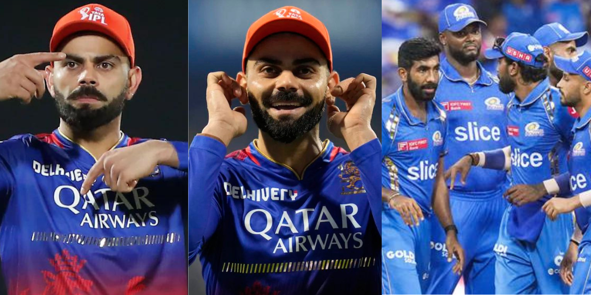 video fans asked virat kohli to bowl during mi vs rcb but he Apologize by holding ears
