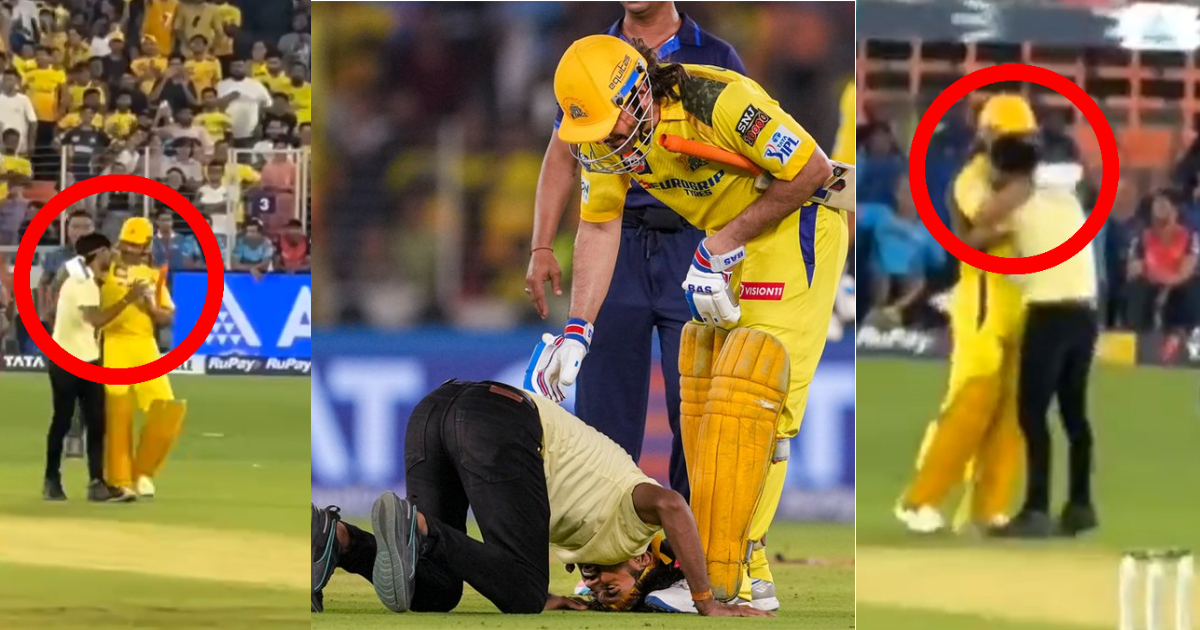 fan brokes security for touched ms dhoni feet in gt vs csk live match video goes viral