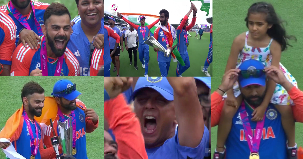 Team India Celebration: VIDEO: रोहित ने कंधे पर बेटी को उठाया, तो विराट ने राहुल द्रविड़ को सौंपी ट्रॉफी, वर्ल्ड चैंपियन बनकर भारत का जश्न हुआ वायरल